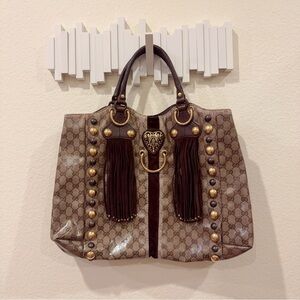 Authentic Gucci Beige Ebony GG Crystal Canvas Babouska Heart Tote Bag Large